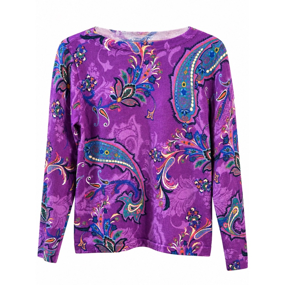 Talbots 100% Merino Wool Sweater Large Purple Paisley Floral Lightweight